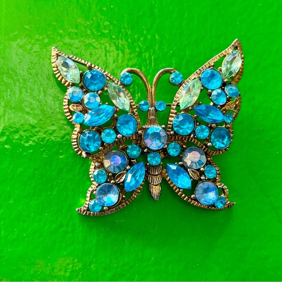Vintage Jewelry - Vintage AB Blue Green Butterfly Brooch